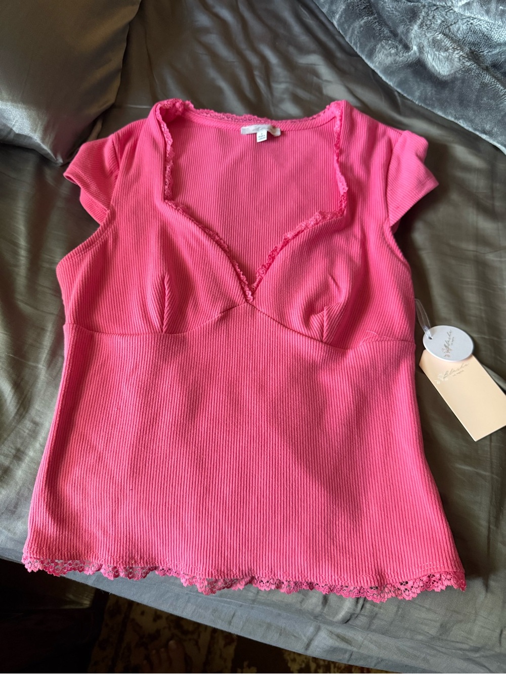 Pink Ribbed Lace-Trim Cap Sleeve Top - Women Intimates & Sleepwear